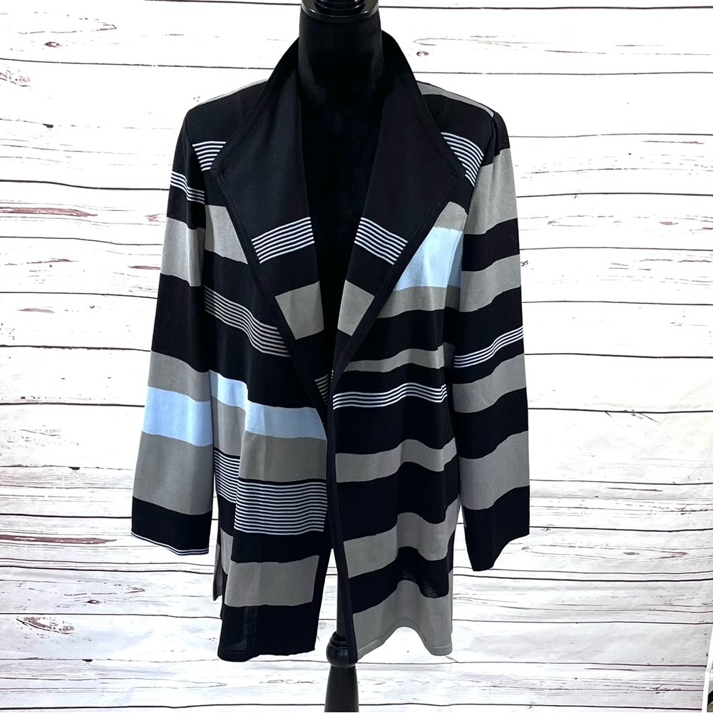 Misook Open Cardigan Womens Size L‎ Knit Long Sleeves Solid Border Striped.